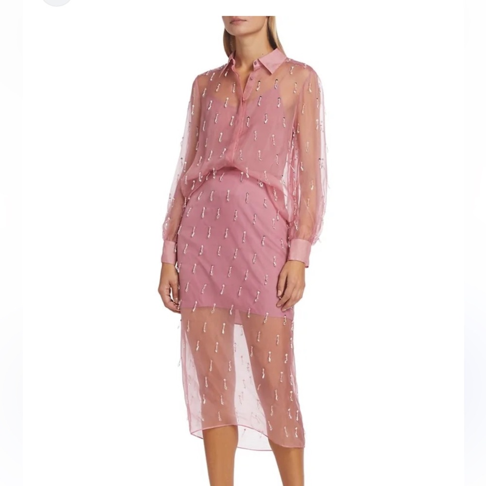 cinq a sept Pink Sheer Embellished Shirt Dress